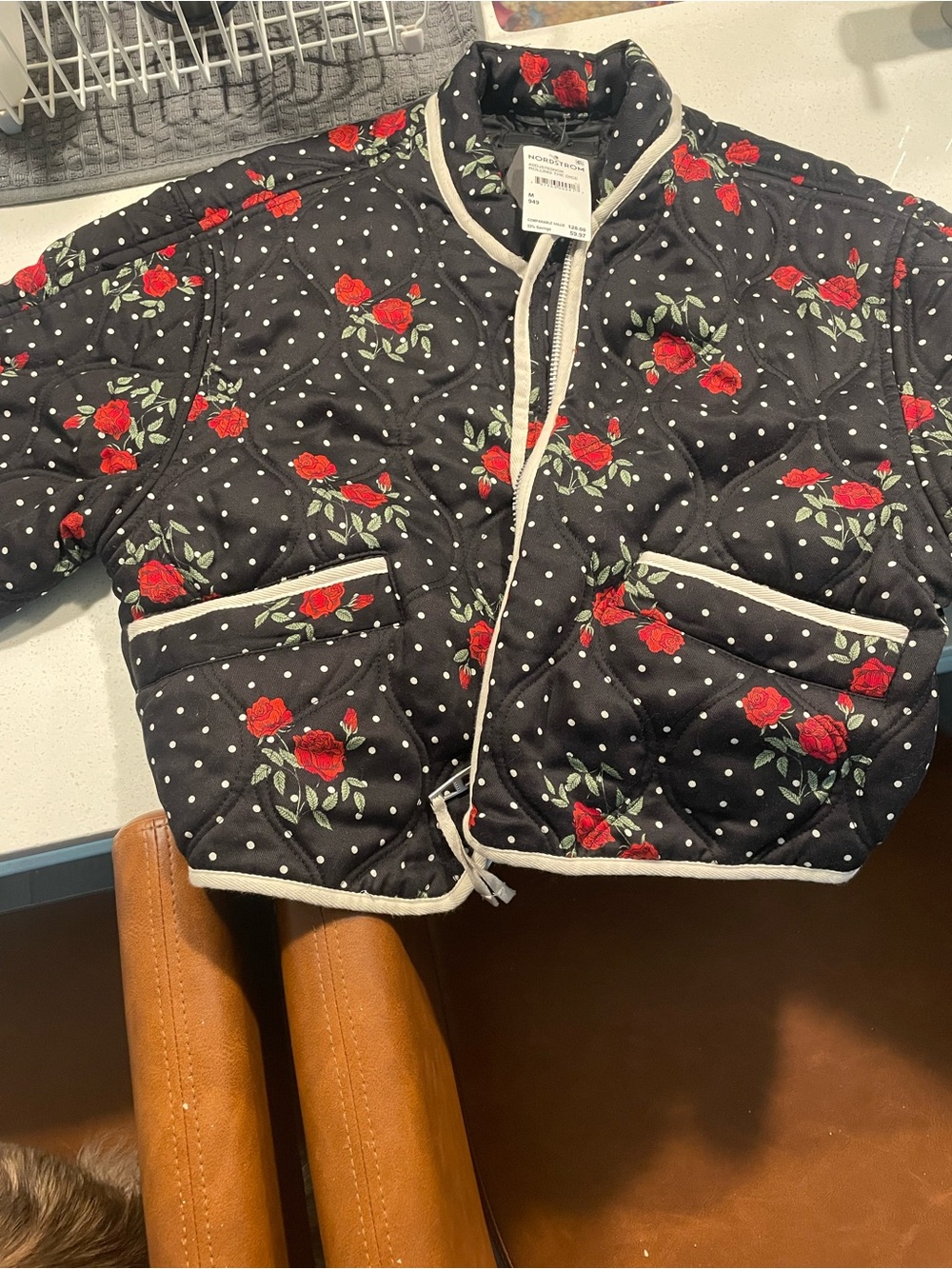 Blank NYC Quilted Black Rose Print Jacket with Polka Dots